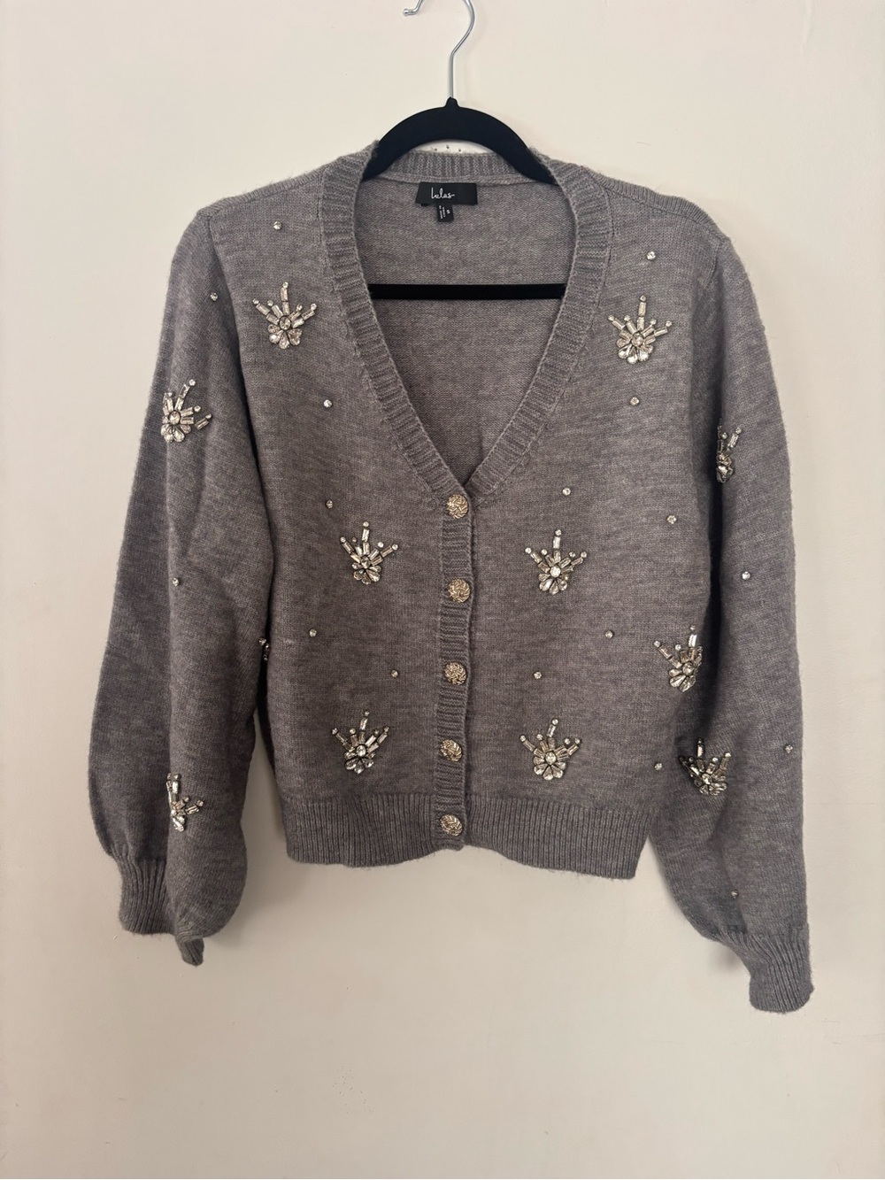 LULUS Gray RHINESTONE Embellished V-Neck Cardigan Sweater
